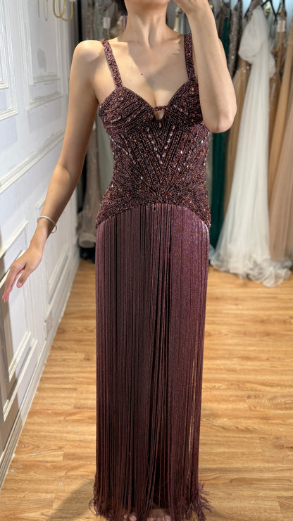 Luxury Arabic Gold Mermaid Beaded Tassel Evening Dress LA73446