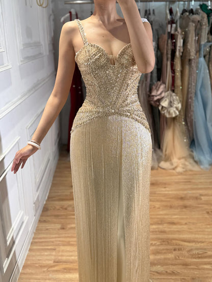Luxury Arabic Gold Mermaid Beaded Tassel Evening Dress LA73446