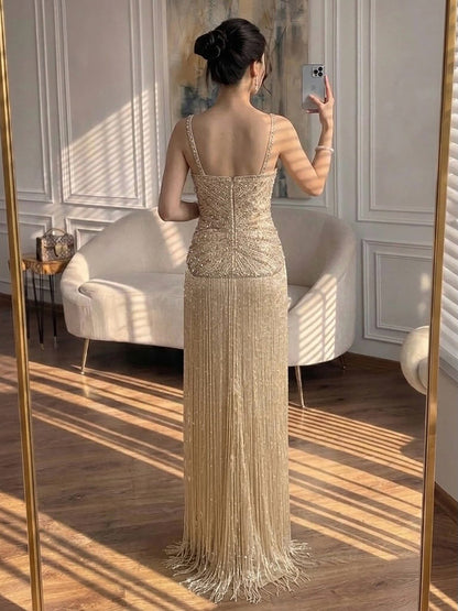 Luxury Arabic Gold Mermaid Beaded Tassel Evening Dress LA73446