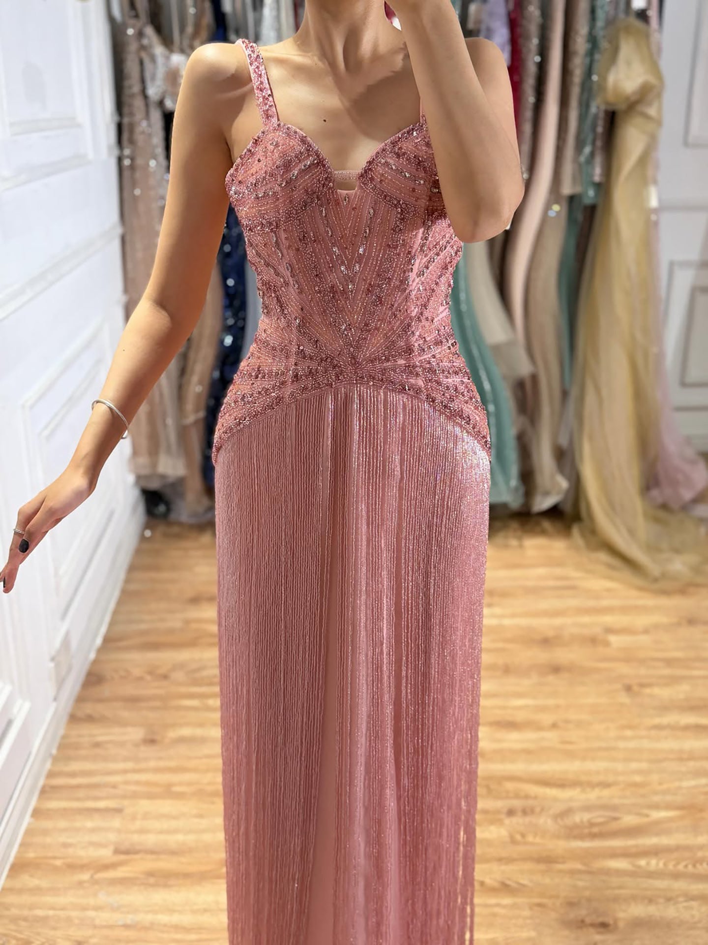 Luxury Arabic Gold Mermaid Beaded Tassel Evening Dress LA73446