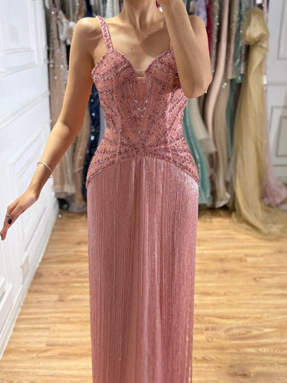 Luxury Arabic Gold Mermaid Beaded Tassel Evening Dress LA73446