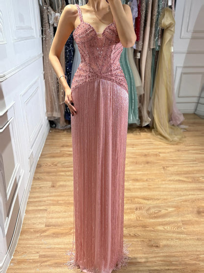 Luxury Arabic Gold Mermaid Beaded Tassel Evening Dress LA73446