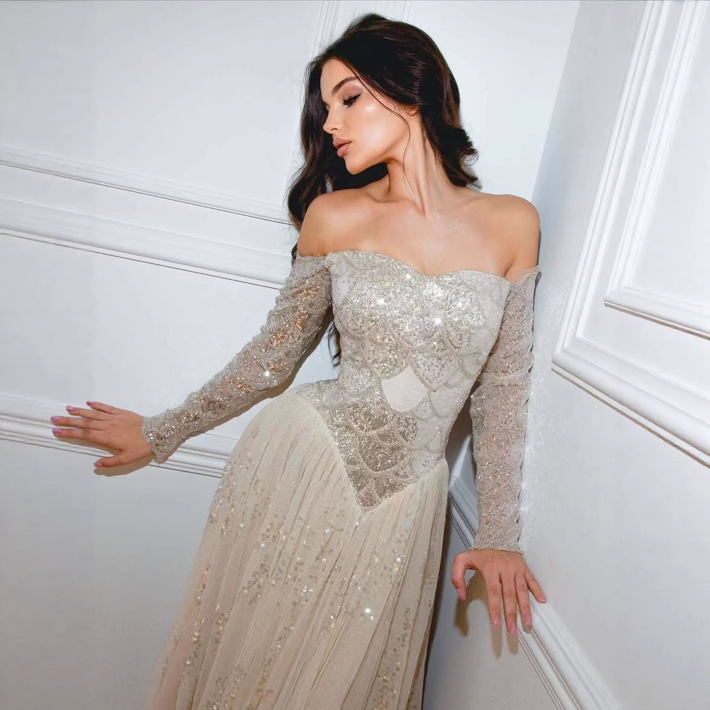 Luxury Dreamy Beige Corset A-Line Evening Dress LA73448