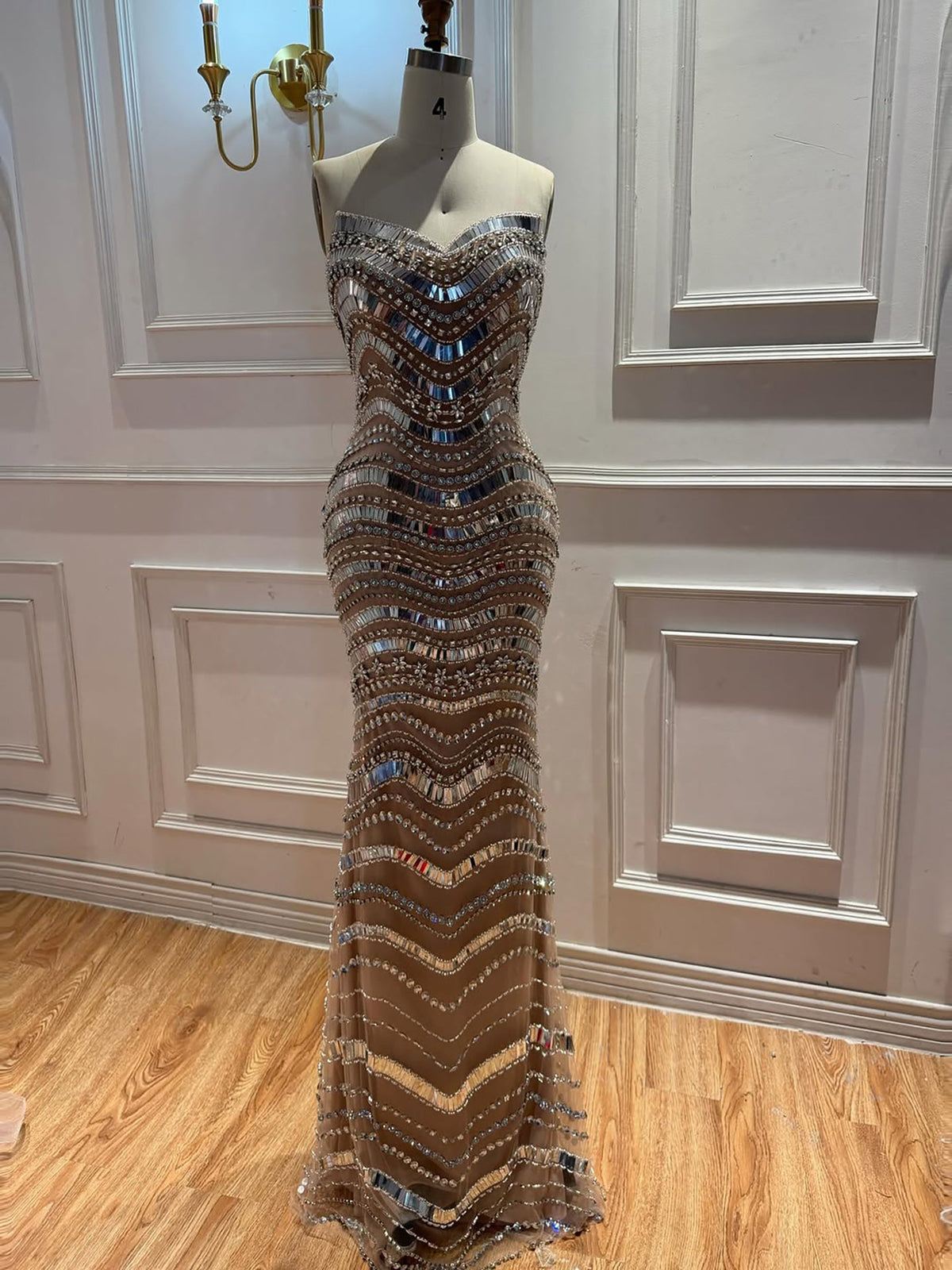 Luxury Silver Nude Beaded Mermaid Evening Dress LA73449