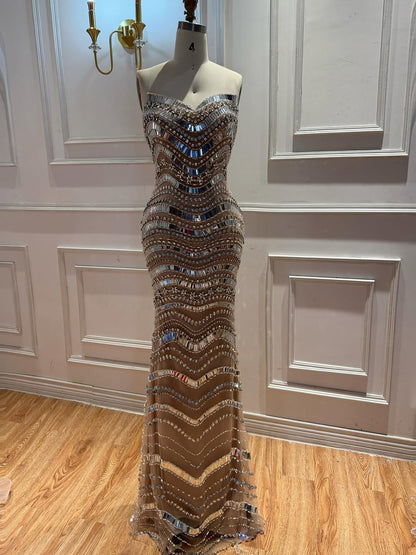 Luxury Silver Nude Beaded Mermaid Evening Dress LA73449