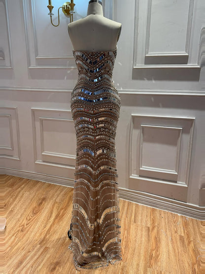 Luxury Silver Nude Beaded Mermaid Evening Dress LA73449