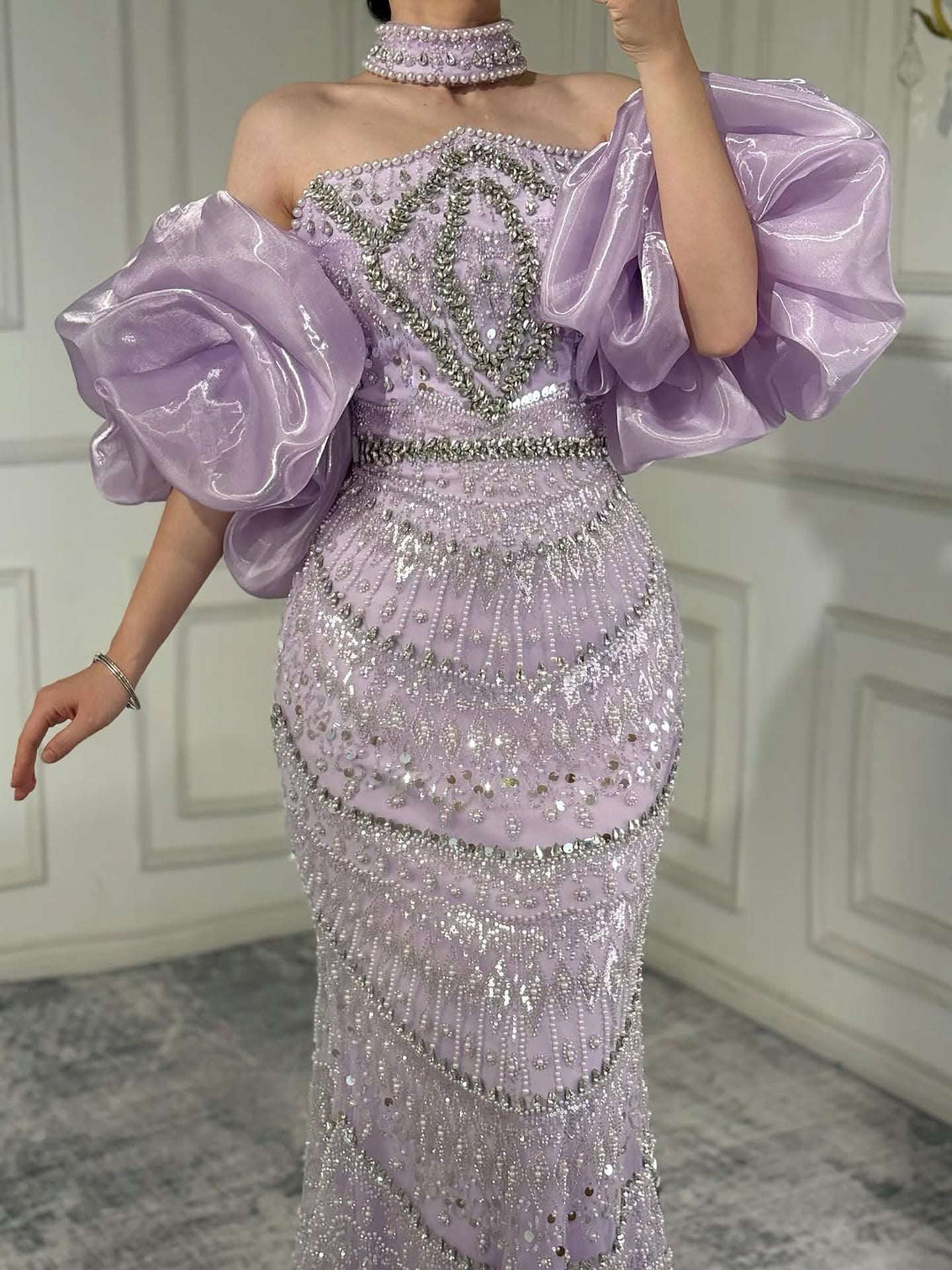 Luxury Arabic Lilac Mermaid Beaded Evening Dress LA73450