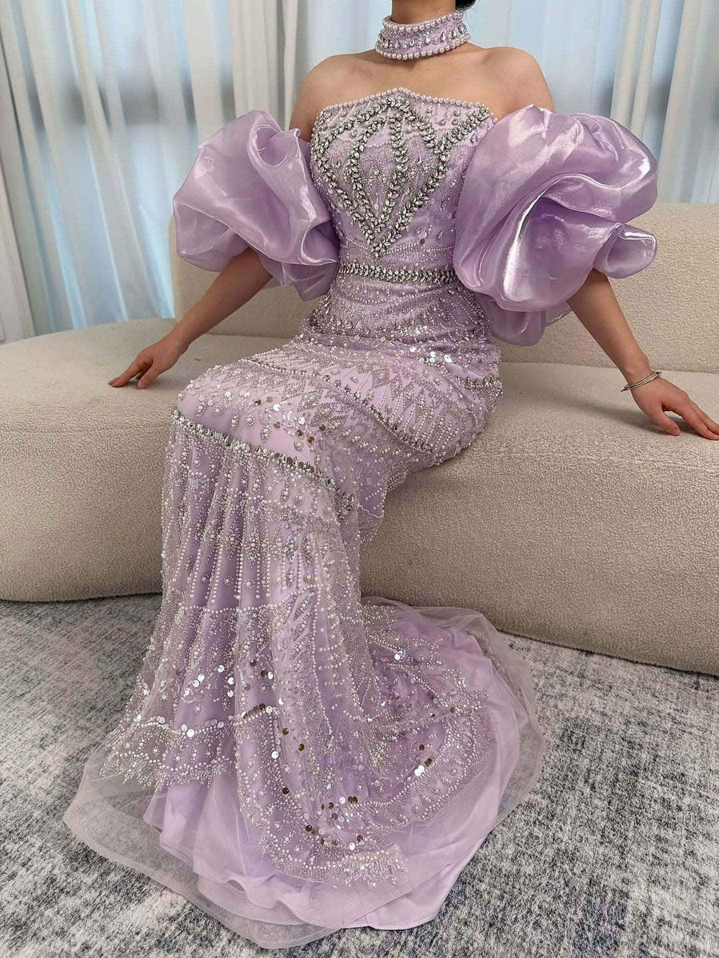 Luxury Arabic Lilac Mermaid Beaded Evening Dress LA73450