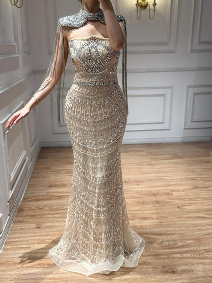Luxury Nude Crystal Beaded Mermaid Evening Dress With Cape Tassel LA73450A