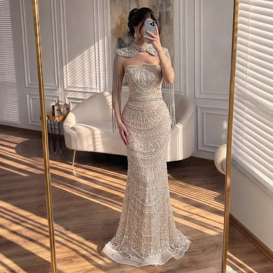 Luxury Nude Crystal Beaded Mermaid Evening Dress With Cape Tassel LA73450A