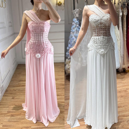 Luxury Pink Arabic Floral Evening Dress With Cape LA73451