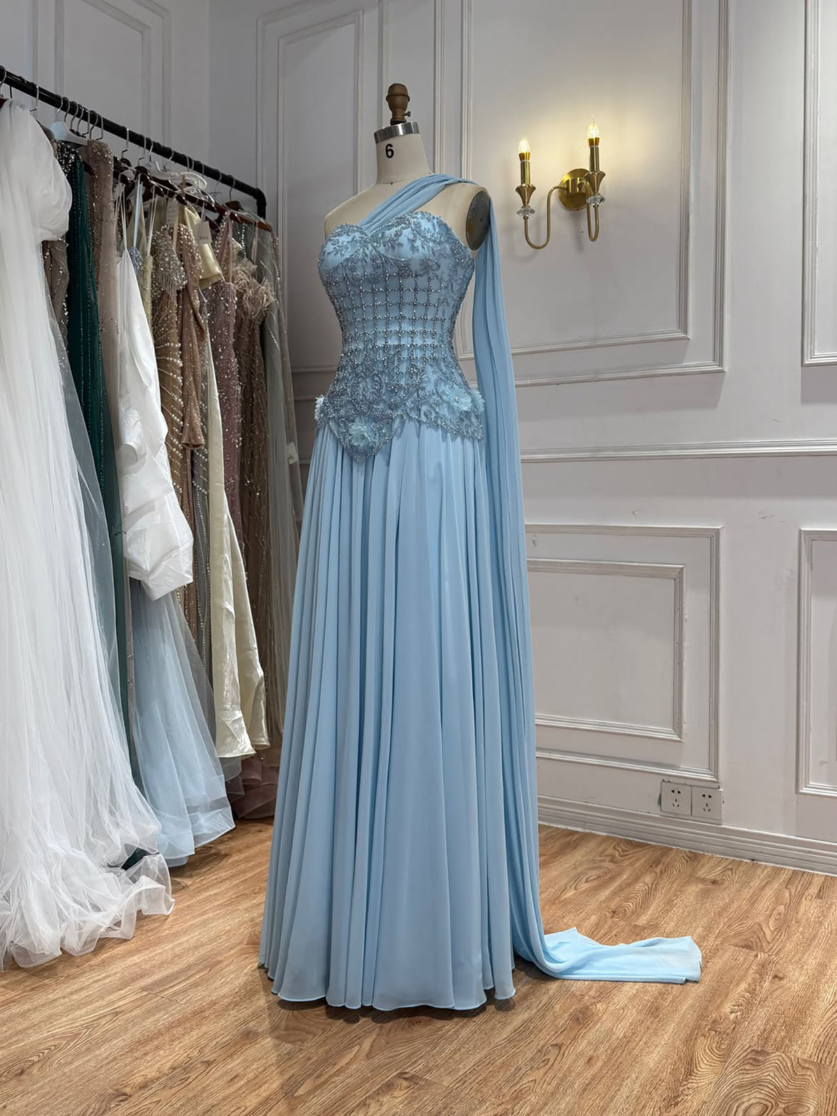 Luxury Pink Arabic Floral Evening Dress With Cape LA73451