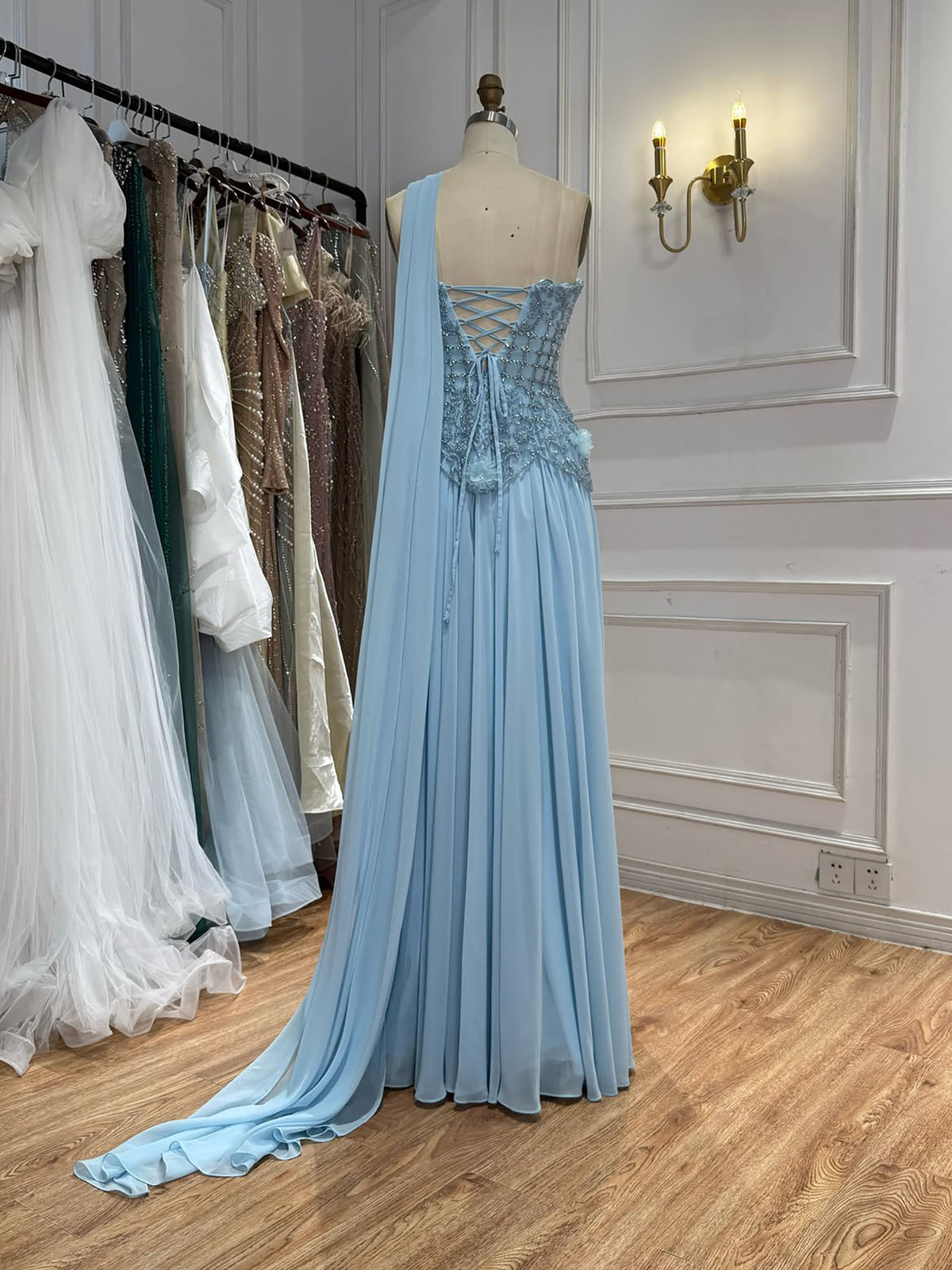 Luxury Pink Arabic Floral Evening Dress With Cape LA73451