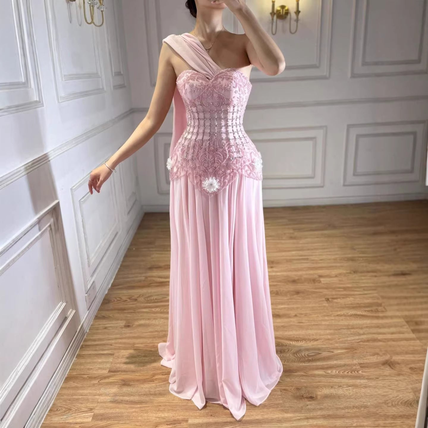 Luxury Pink Arabic Floral Evening Dress With Cape LA73451