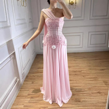 Luxury Pink Arabic Floral Evening Dress With Cape LA73451