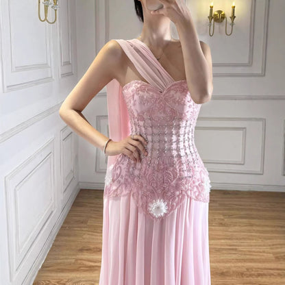Luxury Pink Arabic Floral Evening Dress With Cape LA73451