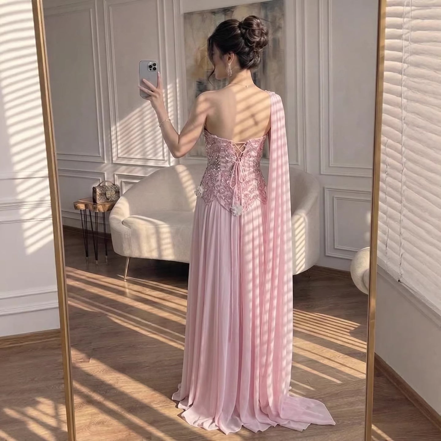 Luxury Pink Arabic Floral Evening Dress With Cape LA73451