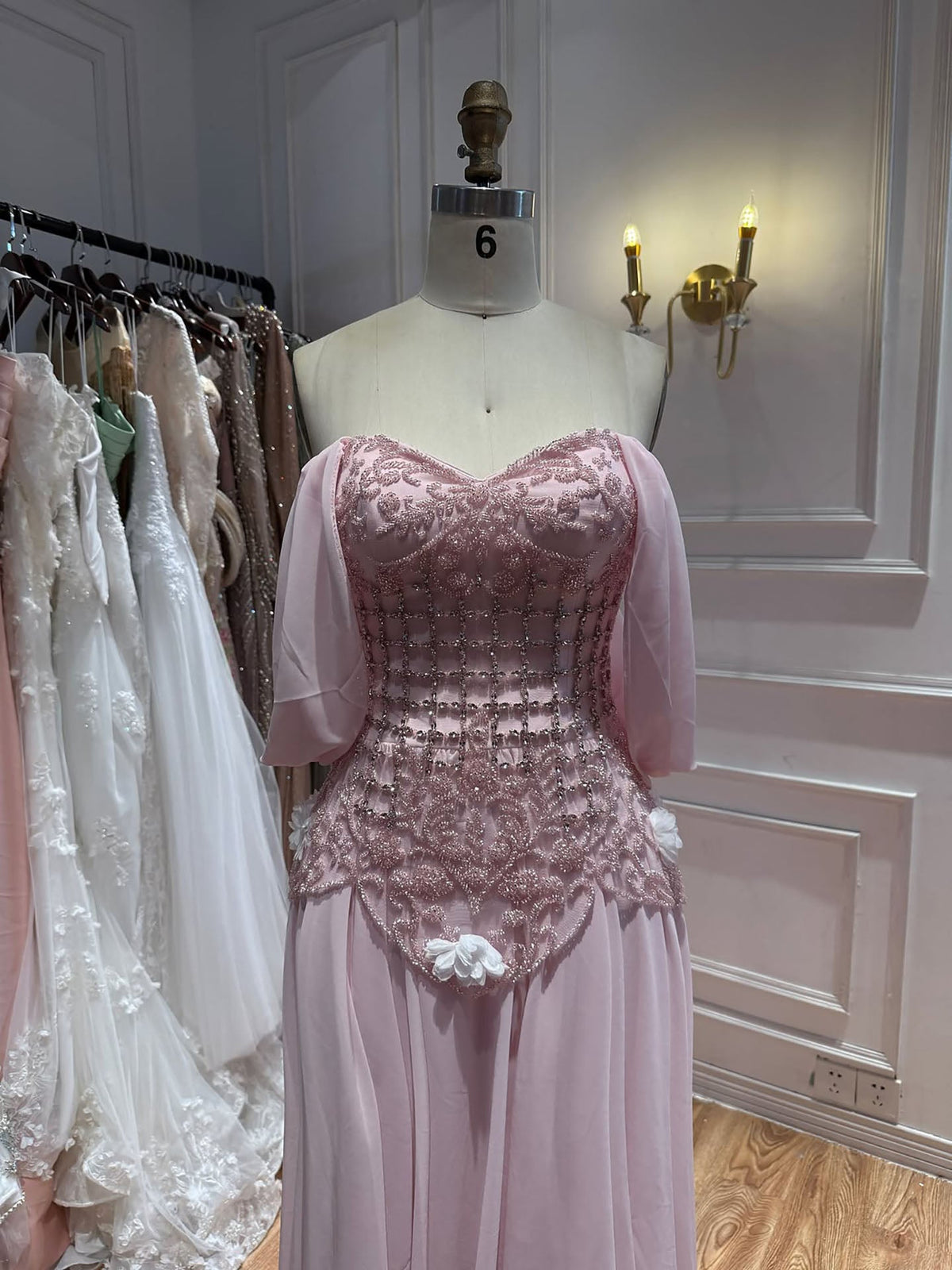 Luxury Pink Beaded Off Shoulder A Line Chiffon Evening Dress LA73451A