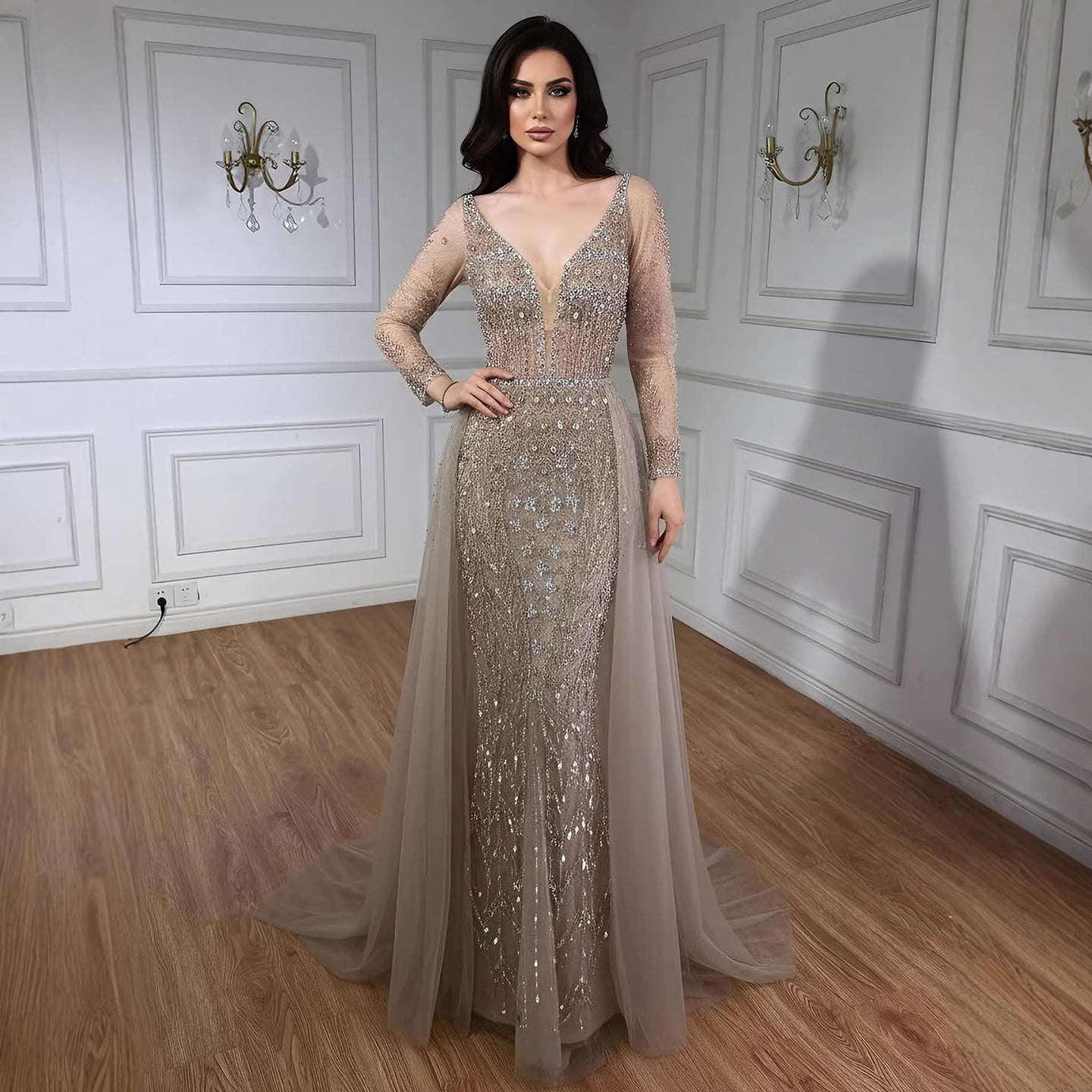 Serene Hill Modest Caramel Long Evening Dress With Skirt LA73452