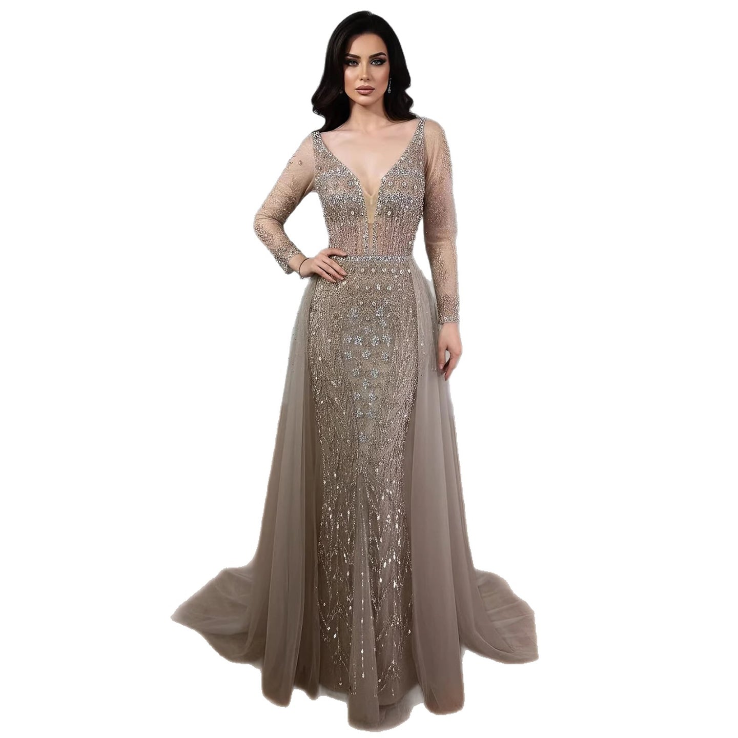 Serene Hill Modest Caramel Long Evening Dress With Skirt LA73452