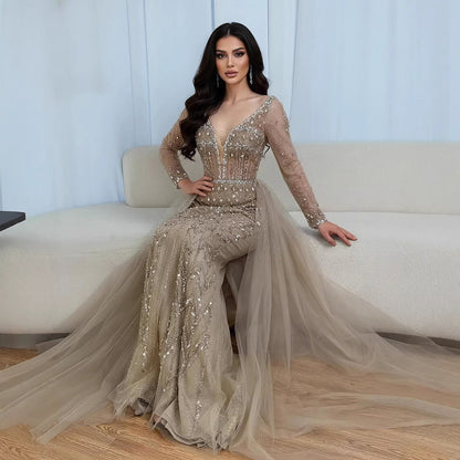 Serene Hill Modest Caramel Long Evening Dress With Skirt LA73452