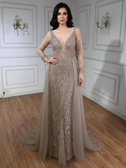 Serene Hill Modest Caramel Long Evening Dress With Skirt LA73452