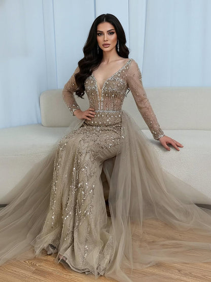 Serene Hill Modest Caramel Long Evening Dress With Skirt LA73452