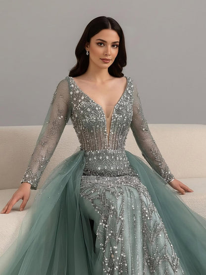 Serene Hill Modest Caramel Long Evening Dress With Skirt LA73452