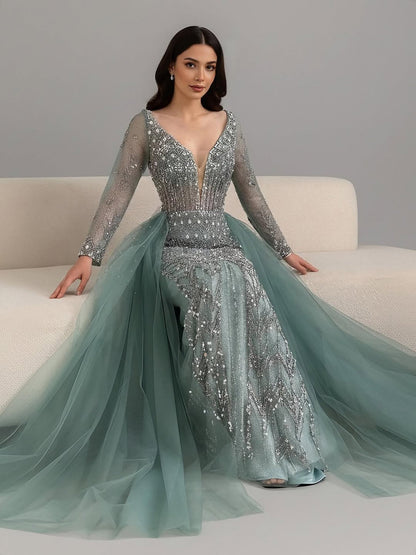 Serene Hill Modest Caramel Long Evening Dress With Skirt LA73452