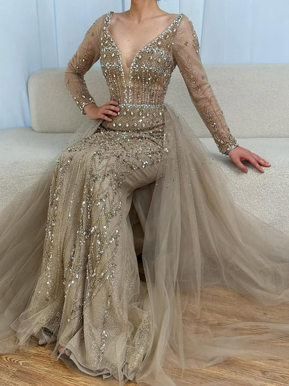 Serene Hill Modest Caramel Long Evening Dress With Skirt LA73452