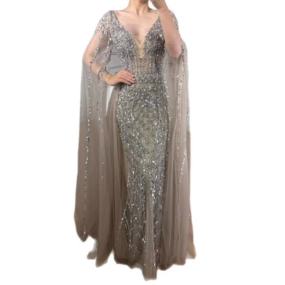 Luxury Modest Caramel Beaded Long Evening Dress With Cape Sleeves LA73452A