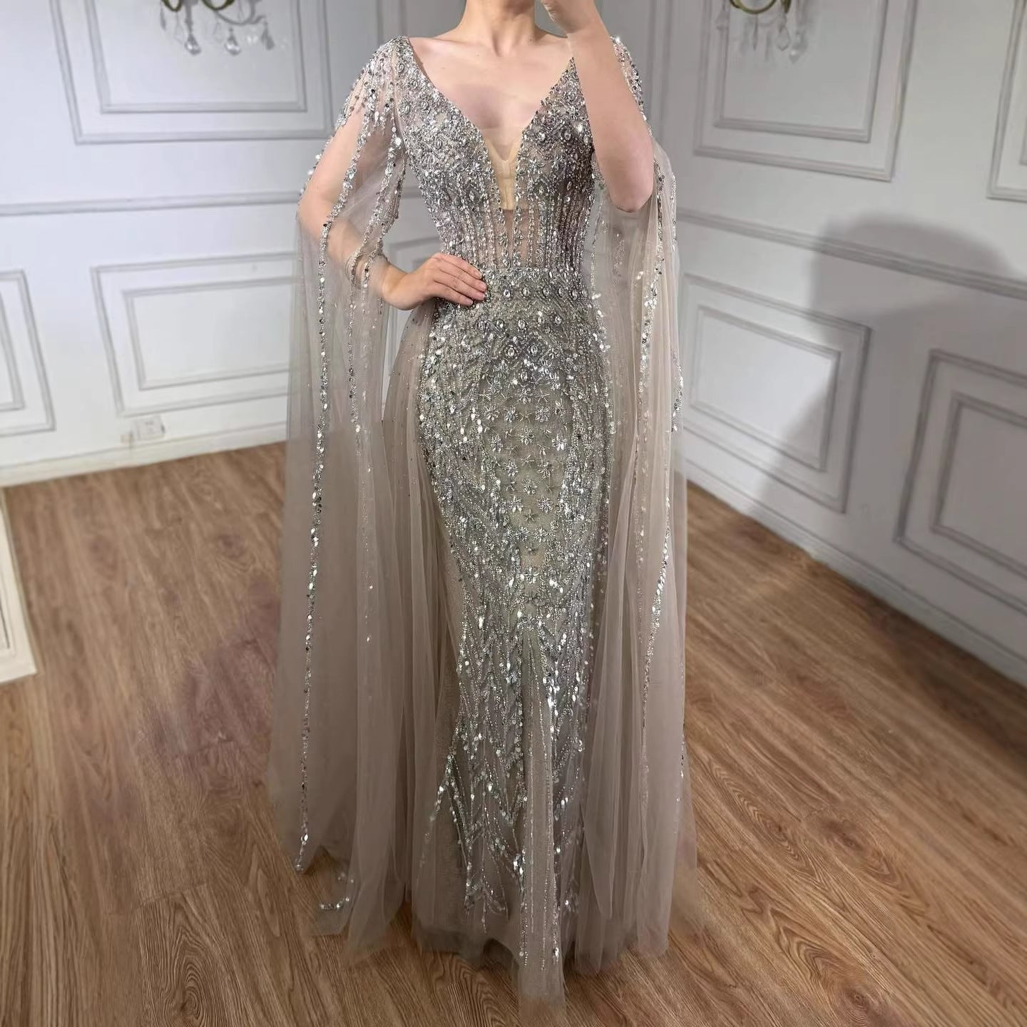 Luxury Modest Caramel Beaded Long Evening Dress With Cape Sleeves LA73452A