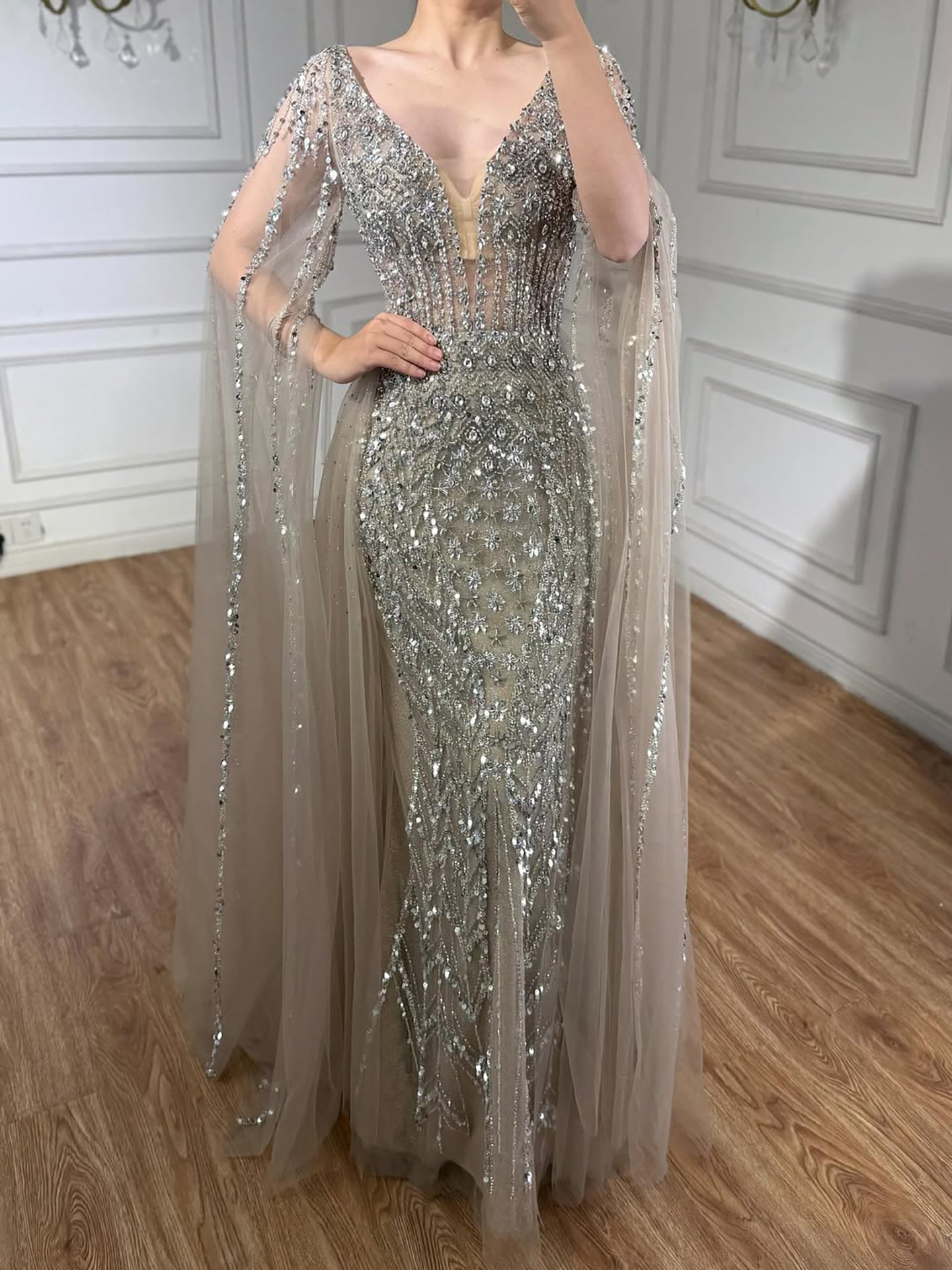 Luxury Modest Caramel Beaded Long Evening Dress With Cape Sleeves LA73452A