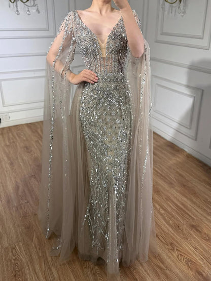 Luxury Modest Caramel Beaded Long Evening Dress With Cape Sleeves LA73452A