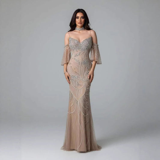 Luxury Nude Diamond Evening Dress With Sheer Sleeves LA73457