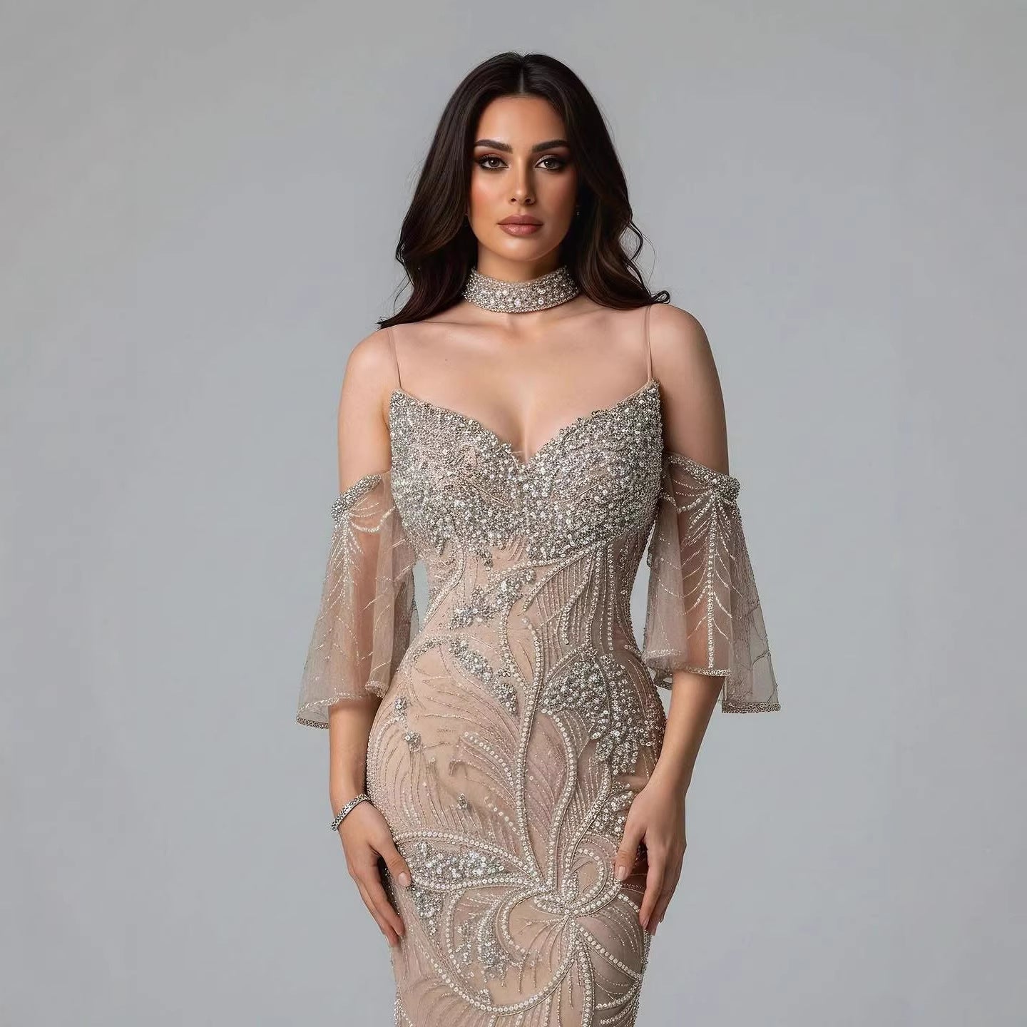 Luxury Nude Diamond Evening Dress With Sheer Sleeves LA73457