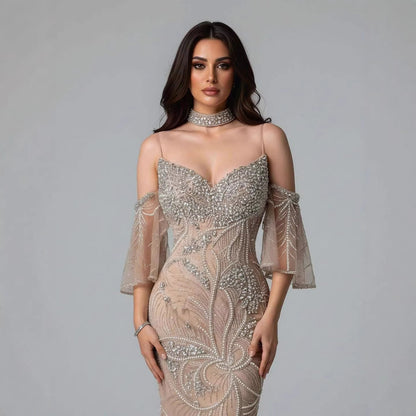 Luxury Nude Diamond Evening Dress With Sheer Sleeves LA73457