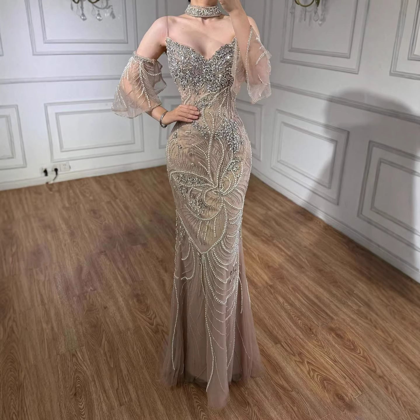 Luxury Nude Diamond Evening Dress With Sheer Sleeves LA73457