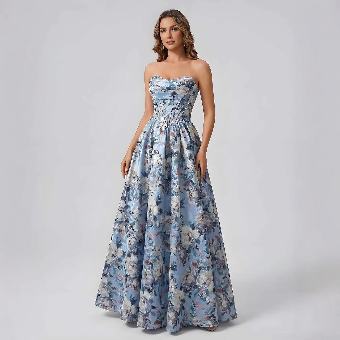 Luxury Blue Floral Strapless Corset A-Line Prom Dress LA73459
