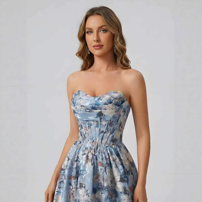 Luxury Blue Floral Strapless Corset A-Line Prom Dress LA73459