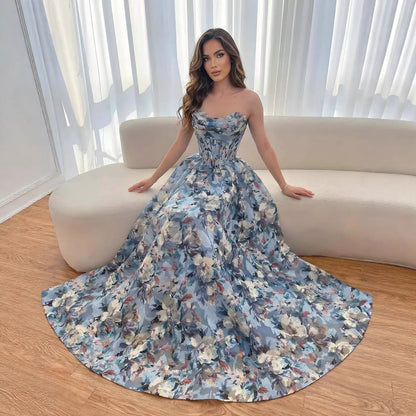 Luxury Blue Floral Strapless Corset A-Line Prom Dress LA73459
