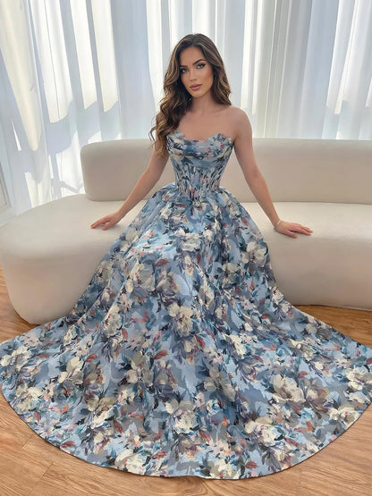 Luxury Blue Floral Strapless Corset A-Line Prom Dress LA73459