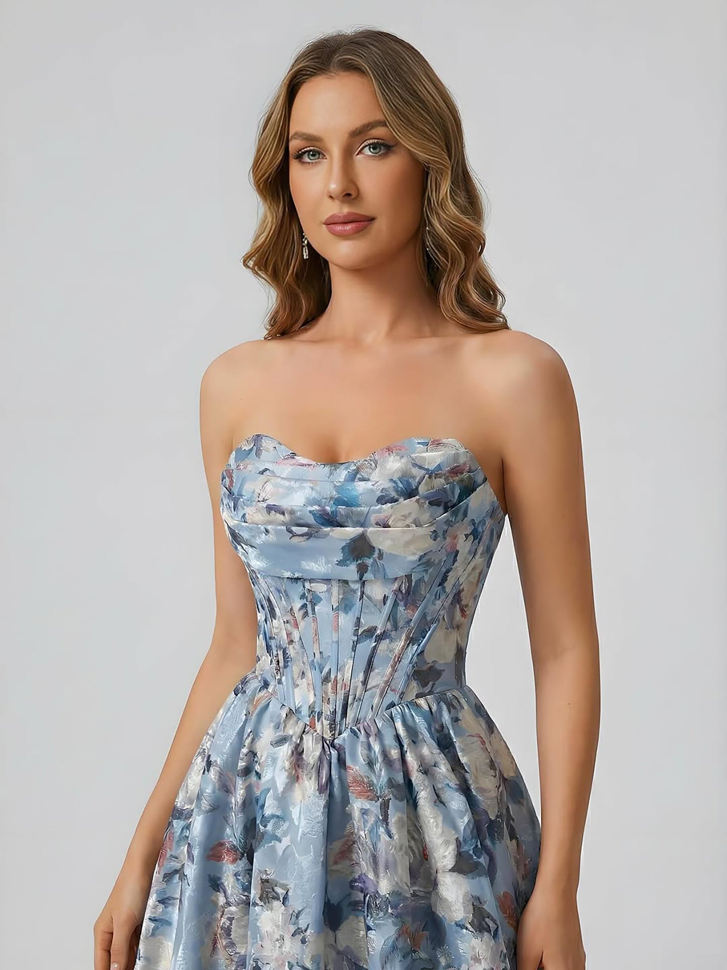 Luxury Blue Floral Strapless Corset A-Line Prom Dress LA73459