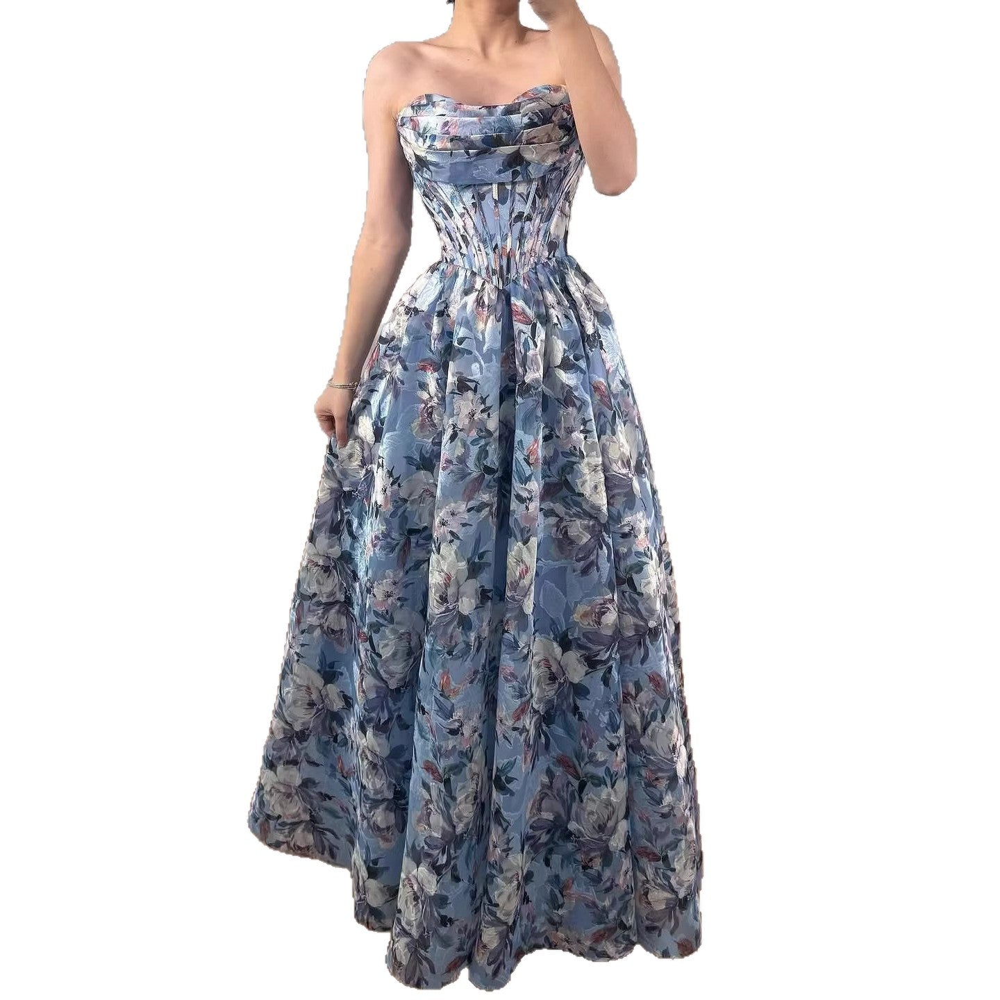 Luxury Blue Floral Strapless Corset A-Line Prom Dress LA73459