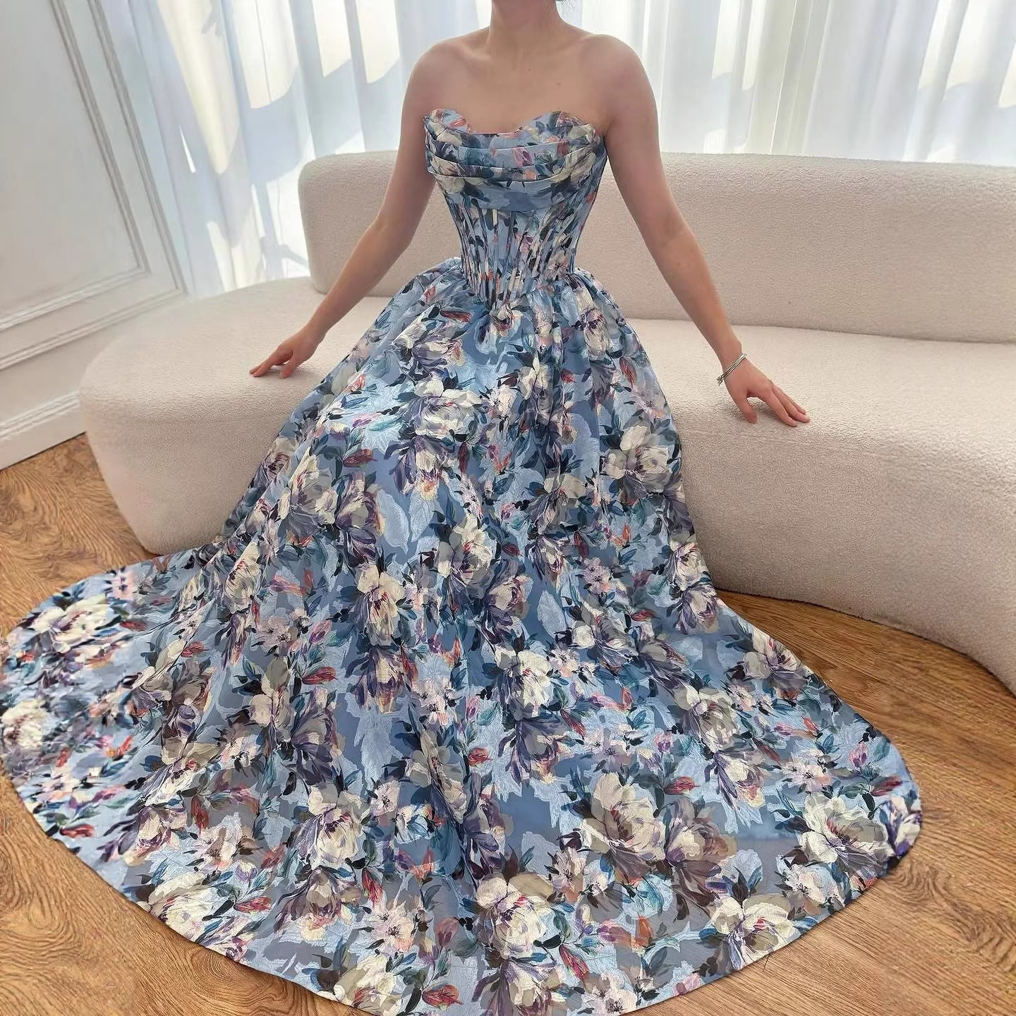 Luxury Blue Floral Strapless Corset A-Line Prom Dress LA73459