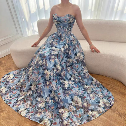 Luxury Blue Floral Strapless Corset A-Line Prom Dress LA73459
