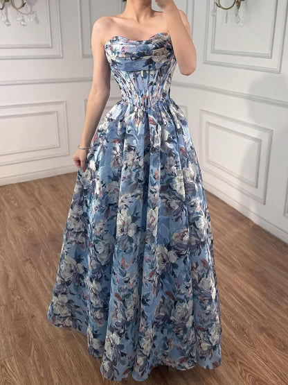 Luxury Blue Floral Strapless Corset A-Line Prom Dress LA73459