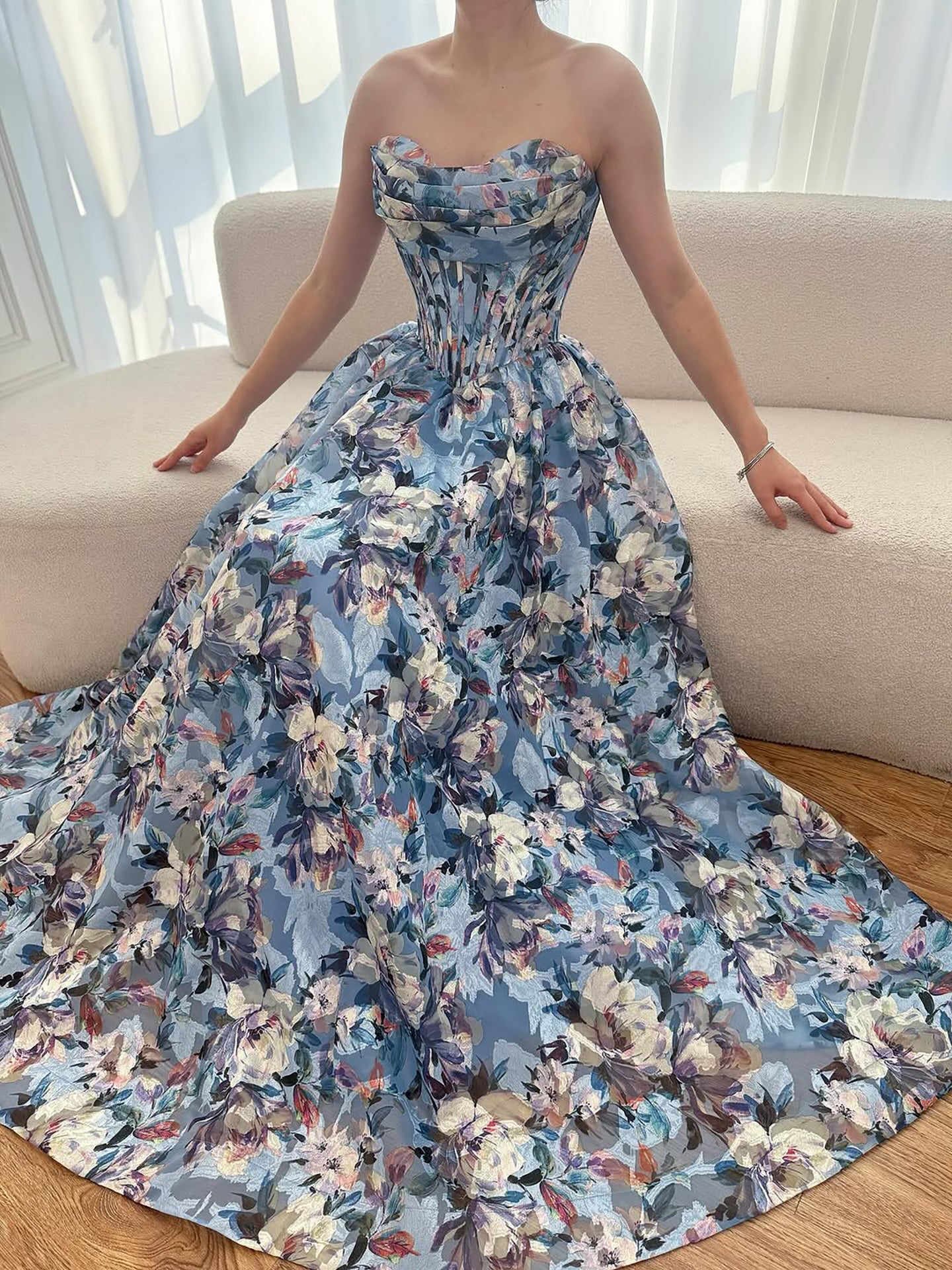 Luxury Blue Floral Strapless Corset A-Line Prom Dress LA73459