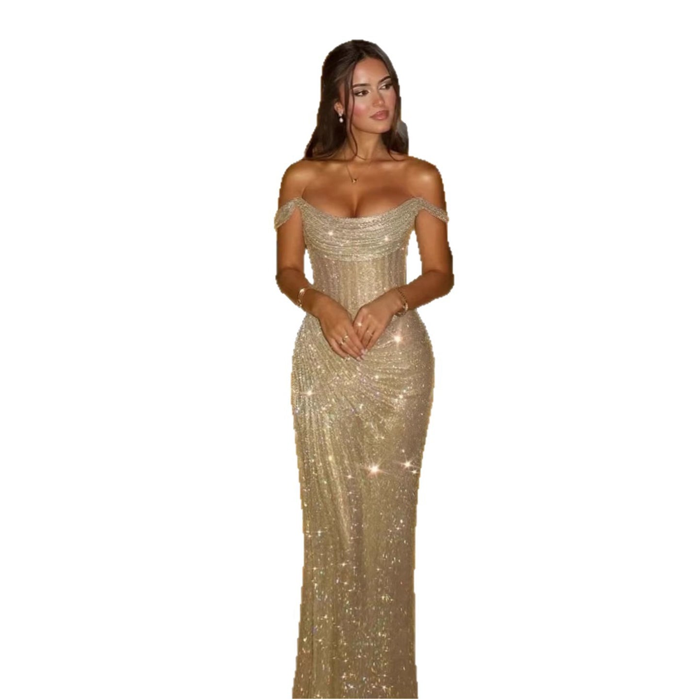 Luxury Diamond Gold Beaded Mermaid Evening Dress LA73461