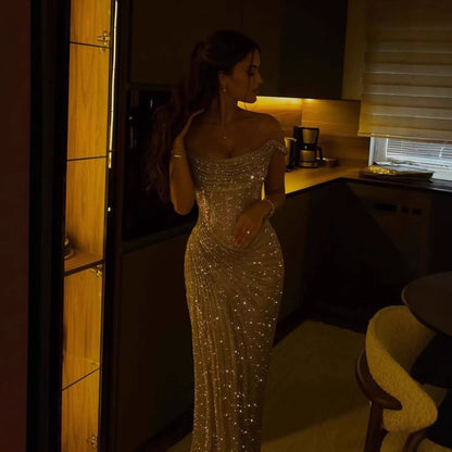 Luxury Diamond Gold Beaded Mermaid Evening Dress LA73461